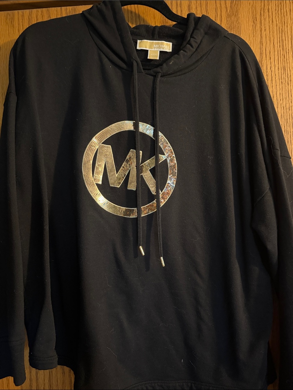Michael Kors Black Crewneck Hoodie with Metallic Gold MK Emblem